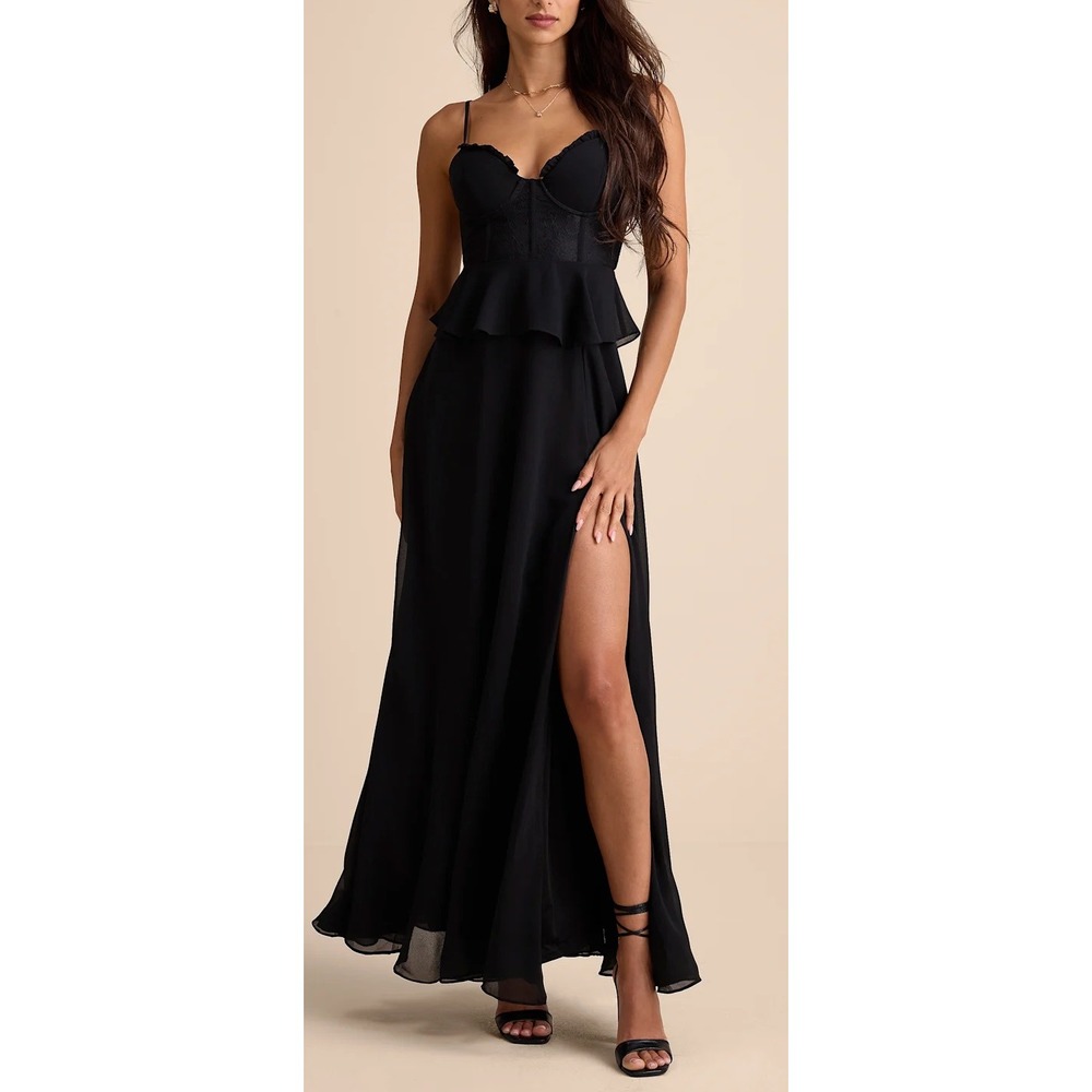NWT Lulus Elegant Silhouette Black Lace Bustier Peplum Maxi Dress Sz XL